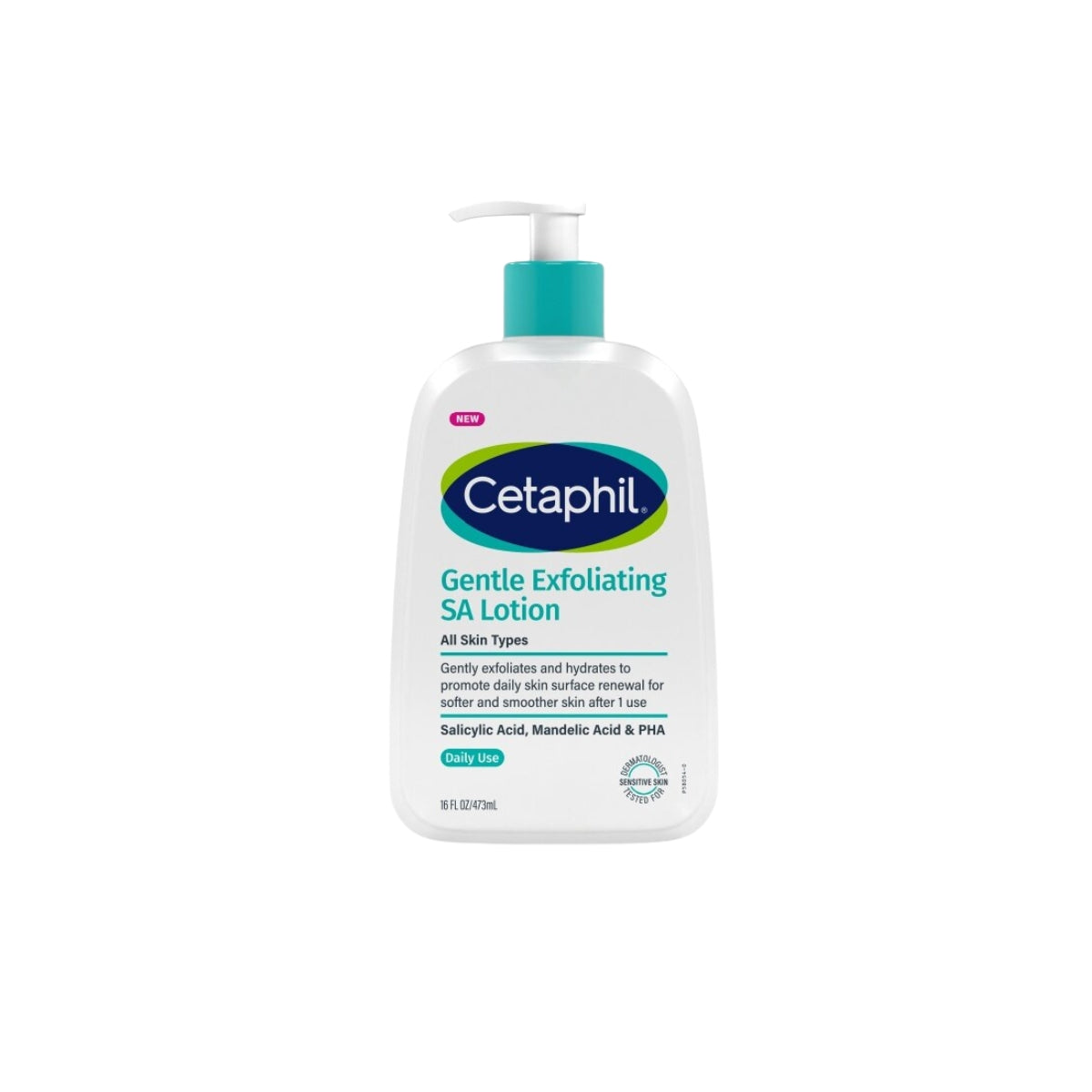 Cetaphil gentle exfoliating SA lotion in a pump bottle for all skin types, hydrates and exfoliates