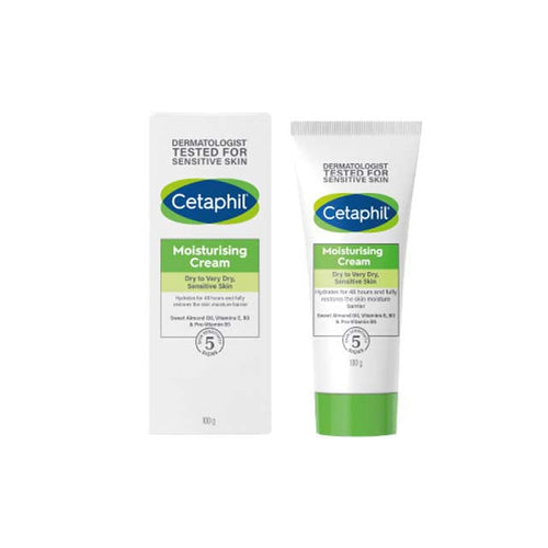 Cetaphil moisturizing cream 100g in tube with dermatologist tested label for sensitive skin