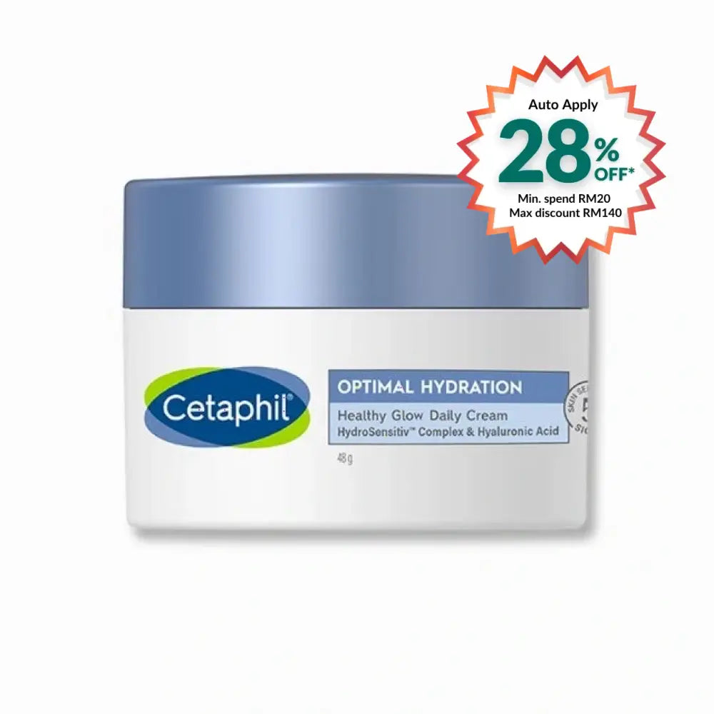 Cetaphil Optimal Hydration Daily Cream in a blue and white jar with hydrating formula for glowing skin