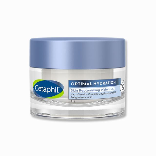 Cetaphil Optimal Hydration Water Gel in a clear jar with a blue lid for intense skin hydration