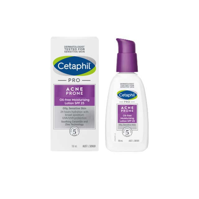 Cetaphil Pro Acne Prone Moisturizing Lotion SPF 25 in a white bottle for sensitive skin hydration