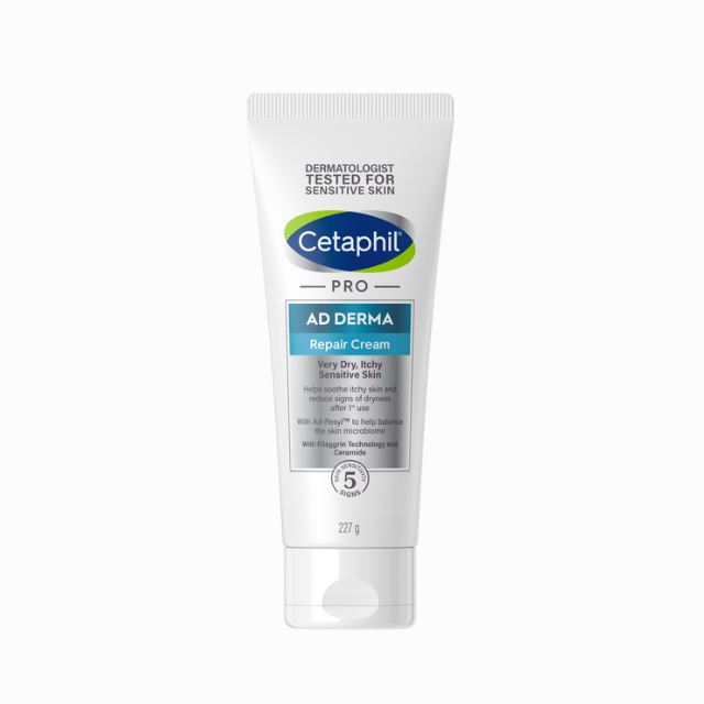 Cetaphil Pro AD Derma Restoring Relief Cream in a 227g tube for very dry, itchy sensitive skin