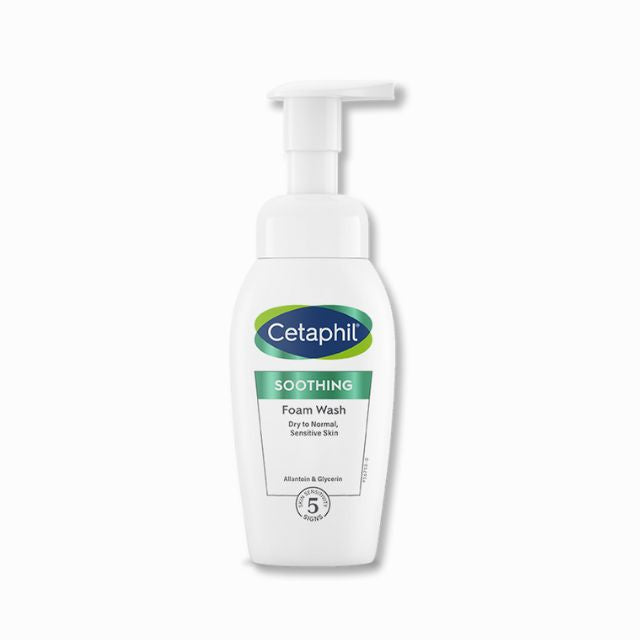 Cetaphil soothing foam wash in a white pump bottle for gentle cleansing of sensitive skin
