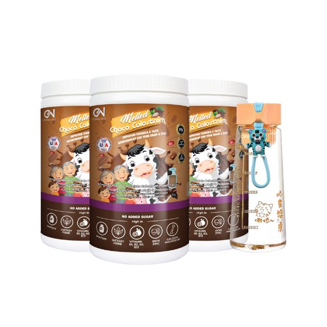 ETERNAL WISE chocolate colostrum supplement with three tubs and a cute dispenser bottle