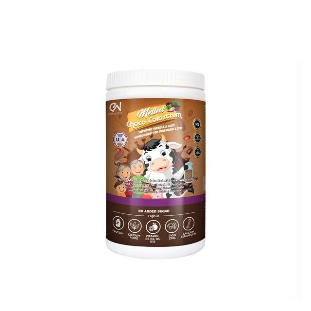 ETERNAL WISE chocolate colostrum supplement in a tub for immune support and nutritional benefits