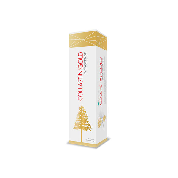 Collastin Gold Pycnogenol supplement box featuring a sleek design and natural elements