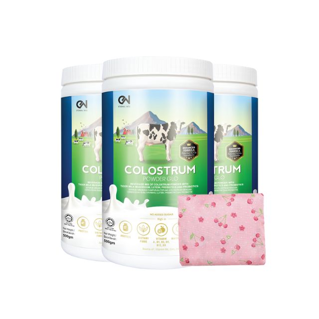 ETERNAL WISE colostrum powder supplement Malaysia in three containers with a pink cloth for convenient storage