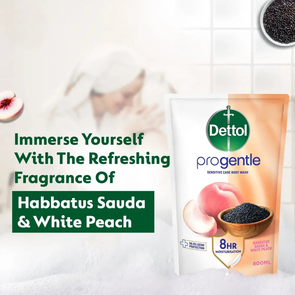 DETTOL PROGENTLE BODY WASH HABBATUS SAUDA & WHITE PEACH REFILL 800G