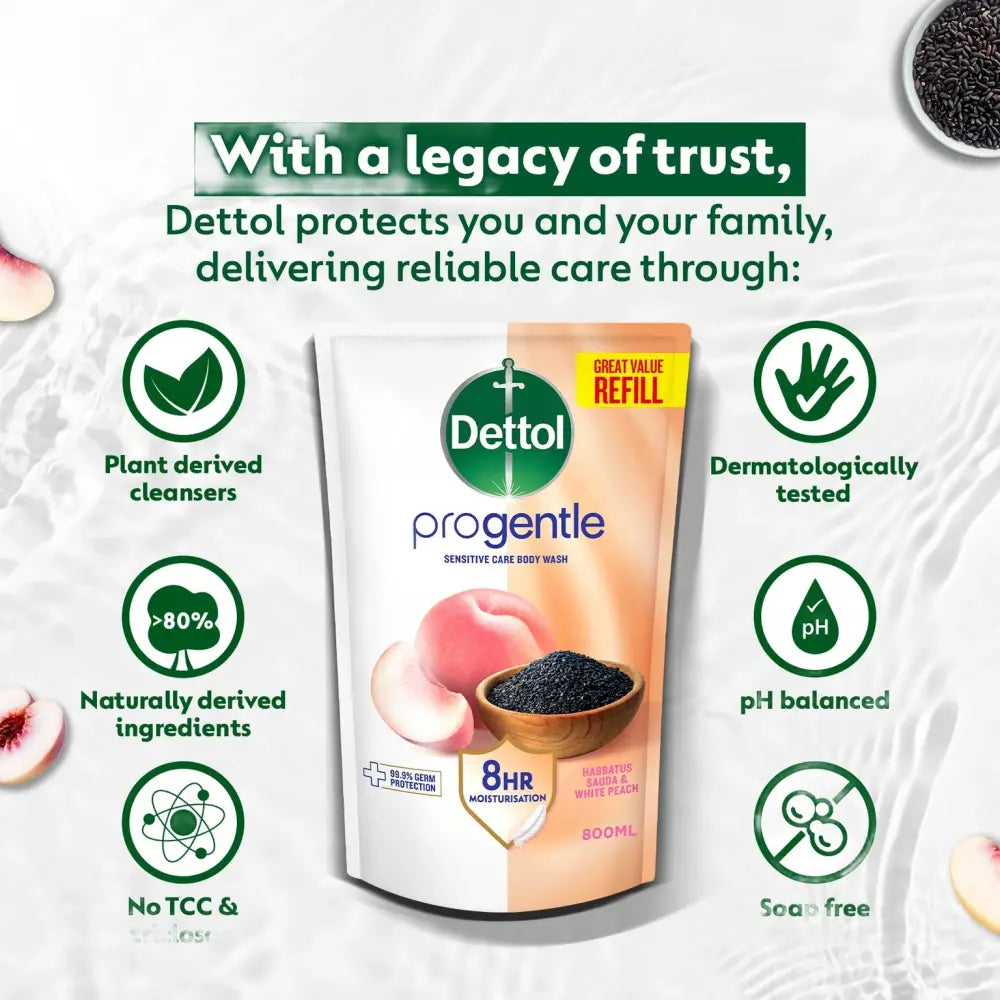 DETTOL PROGENTLE BODY WASH HABBATUS SAUDA & WHITE PEACH REFILL 800G