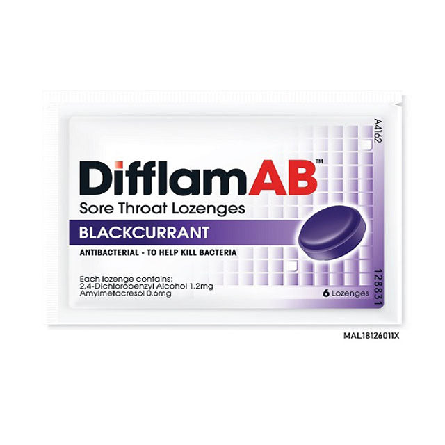 Difflam AB blackcurrant lozenges in a pack of six for soothing sore throats and killing bacteria