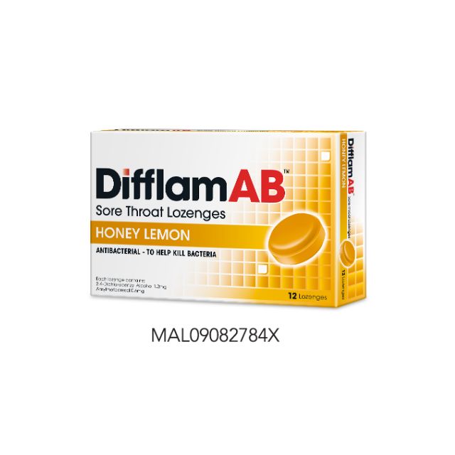 Difflam AB honey lemon lozenges in a box containing 12 antibacterial lozenges for sore throat relief