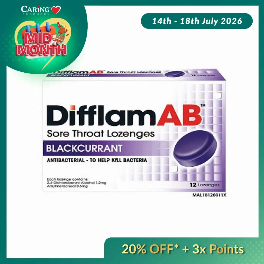 Difflam AB sore throat lozenges in blackcurrant flavor, packaged with 12 antibacterial lozenges to help kill bacteria