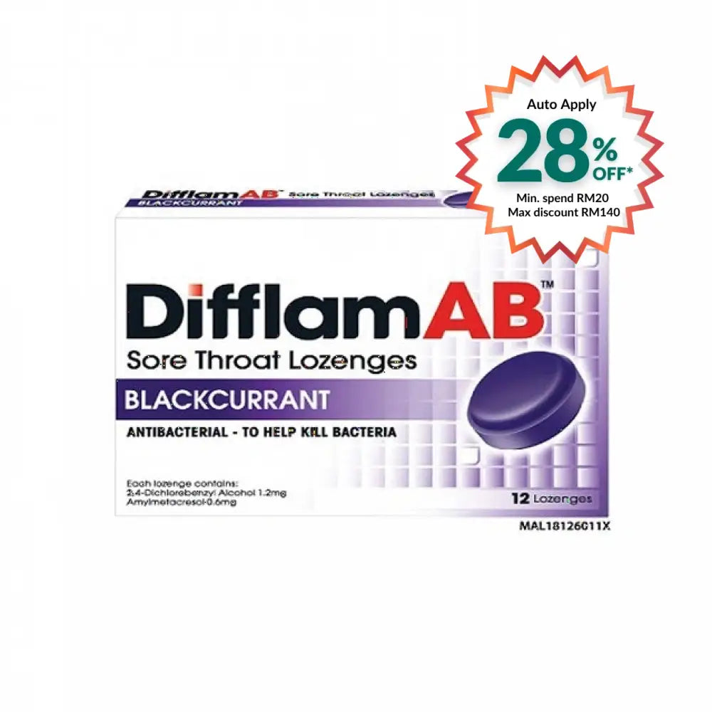 Difflam AB sore throat lozenges in blackcurrant flavor, packaged with 12 antibacterial lozenges to help kill bacteria