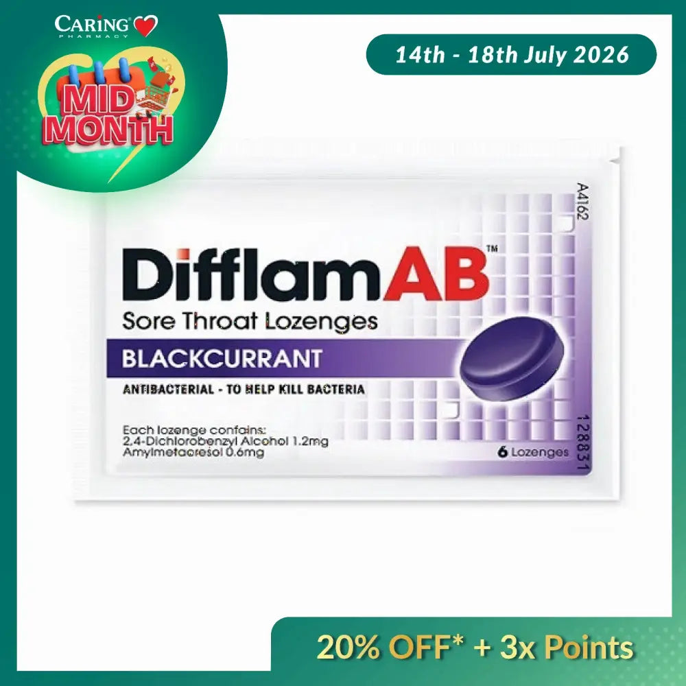 Difflam AB blackcurrant lozenges in a pack of six for soothing sore throats and killing bacteria