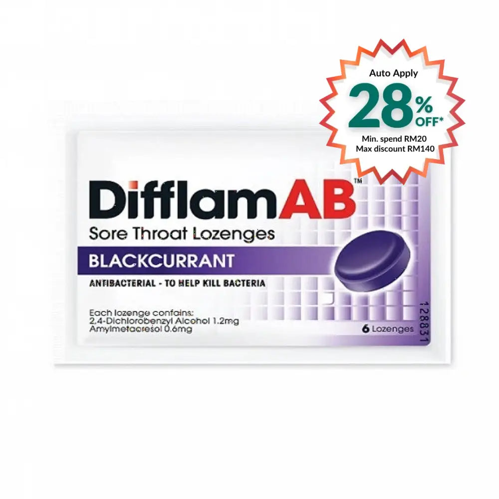Difflam AB blackcurrant lozenges in a pack of six for soothing sore throats and killing bacteria
