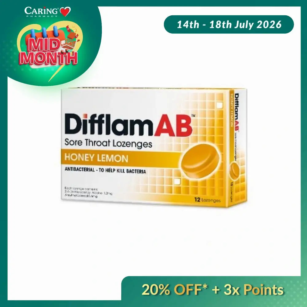 Difflam AB honey lemon lozenges in a box containing 12 antibacterial lozenges for sore throat relief