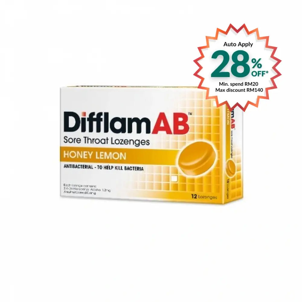 Difflam AB honey lemon lozenges in a box containing 12 antibacterial lozenges for sore throat relief