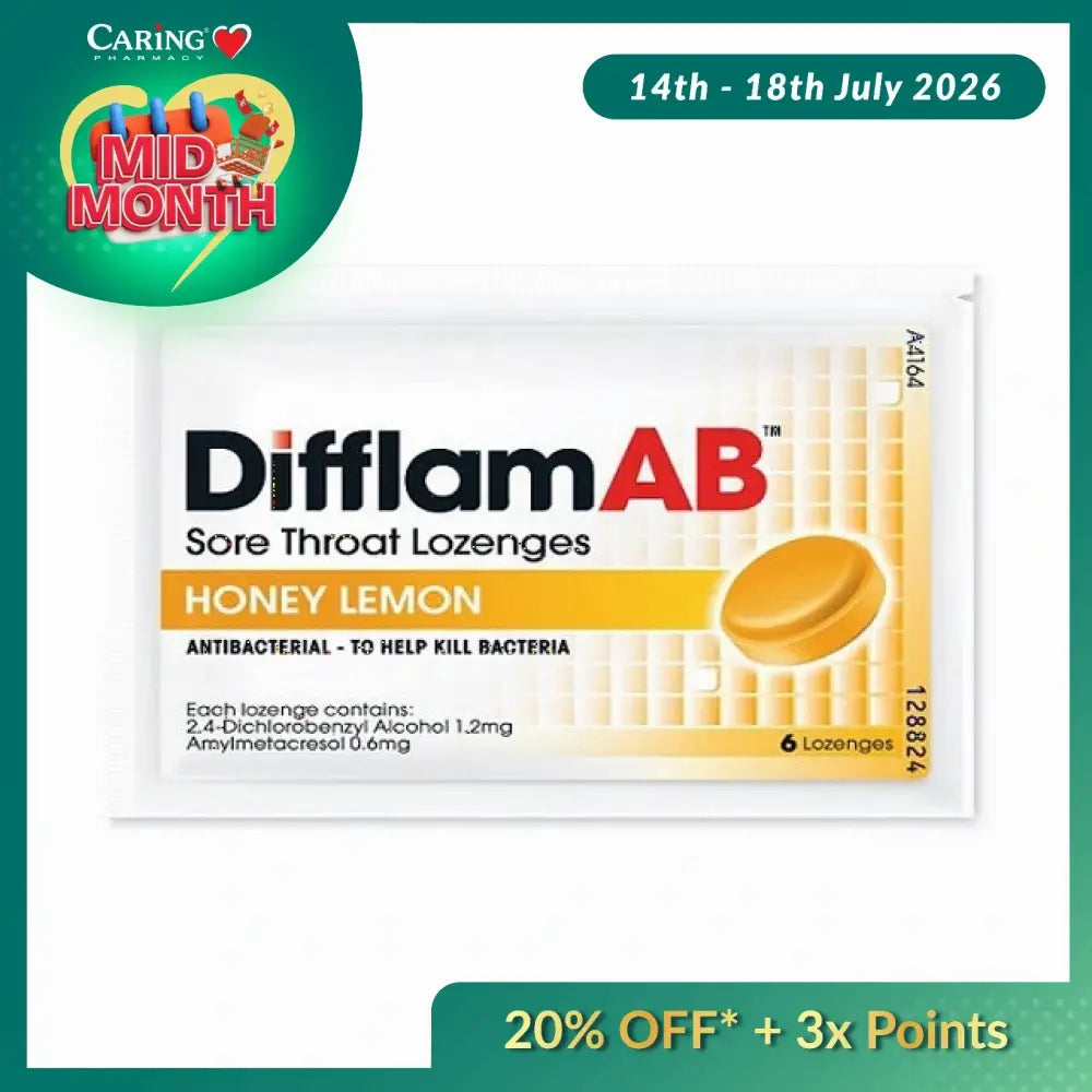 Difflam AB lozenges honey lemon in a pack of six for effective sore throat relief