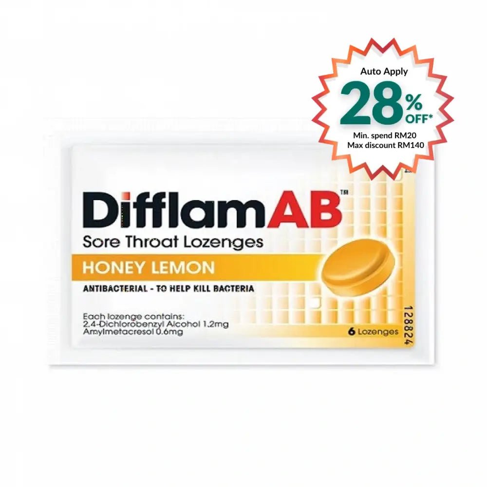 Difflam AB lozenges honey lemon in a pack of six for effective sore throat relief