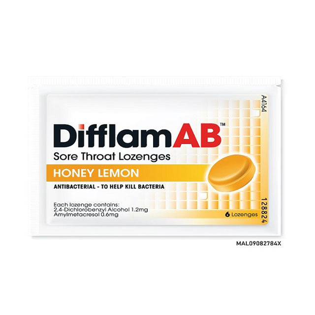 Difflam AB lozenges honey lemon in a pack of six for effective sore throat relief