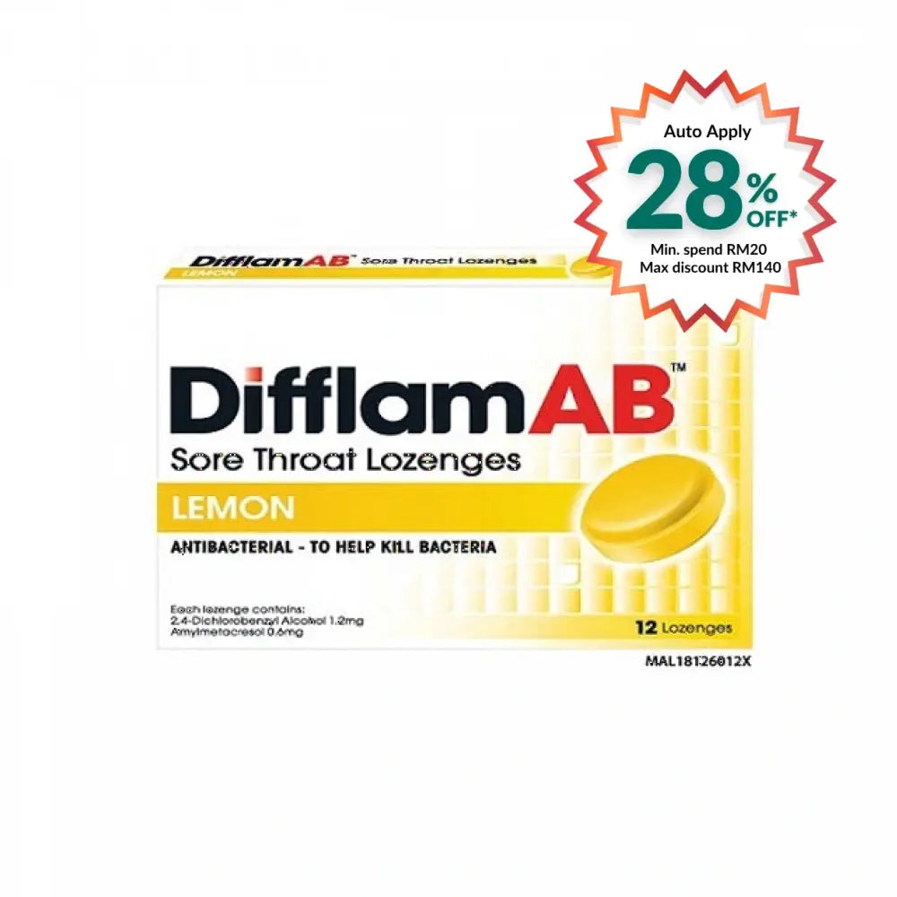 Difflam sore throat lozenges lemon in a pack of 12 with antibacterial properties for soothing throat relief