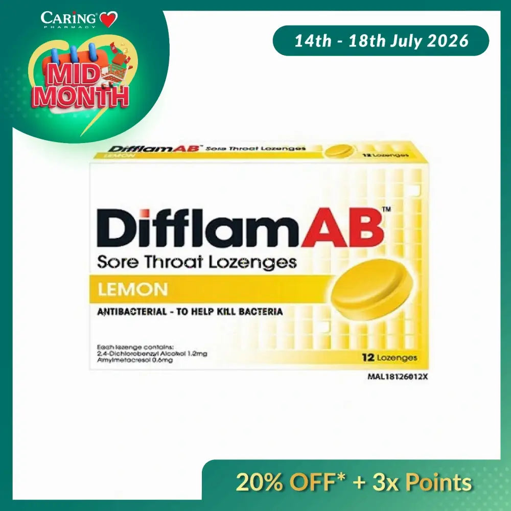 Difflam sore throat lozenges lemon in a pack of 12 with antibacterial properties for soothing throat relief