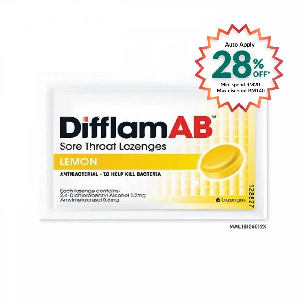Difflam AB sore throat lozenges in lemon flavor, antibacterial to help kill bacteria