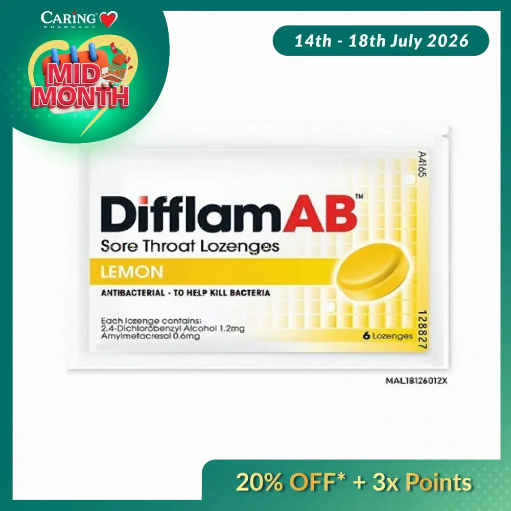 Difflam AB sore throat lozenges in lemon flavor, antibacterial to help kill bacteria