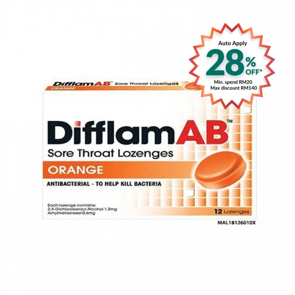 Difflam AB lozenges orange packaging with 12 antibacterial lozenges for sore throat relief