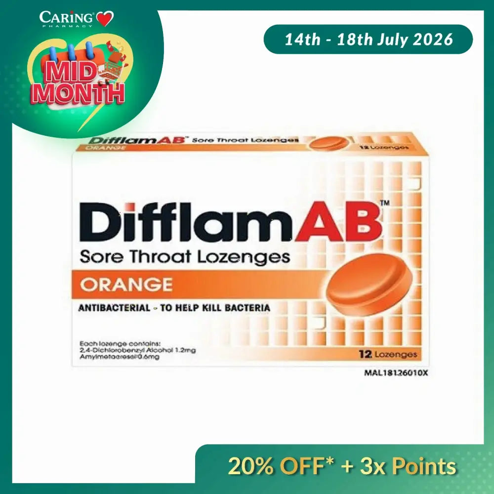 Difflam AB lozenges orange packaging with 12 antibacterial lozenges for sore throat relief