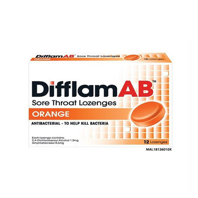Difflam AB lozenges orange packaging with 12 antibacterial lozenges for sore throat relief