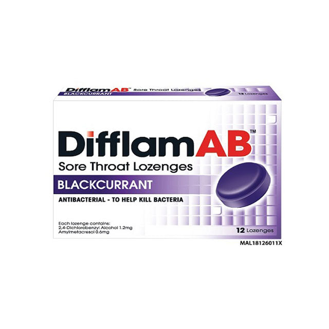 Difflam AB sore throat lozenges in blackcurrant flavor, packaged with 12 antibacterial lozenges to help kill bacteria