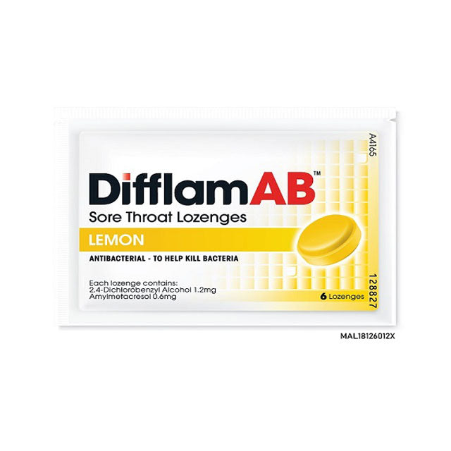 Difflam AB sore throat lozenges in lemon flavor, antibacterial to help kill bacteria