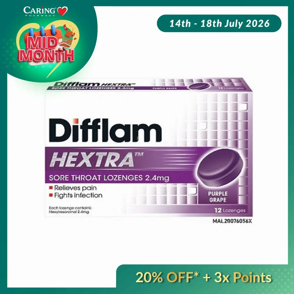 Difflam Hextra throat lozenges in purple grape flavor, 12 count for sore throat relief