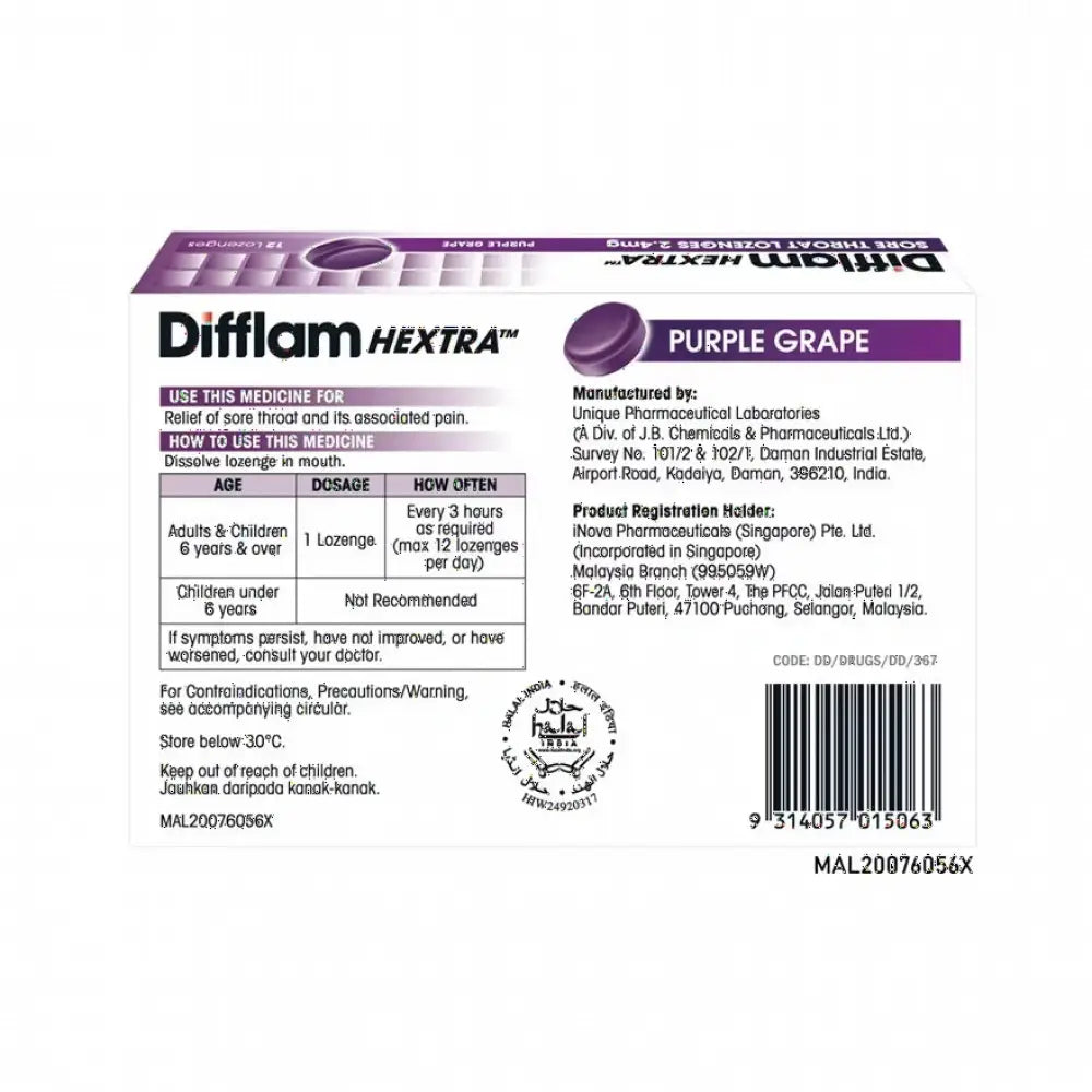 Difflam Hextra throat lozenges in purple grape flavor for relief from throat pain