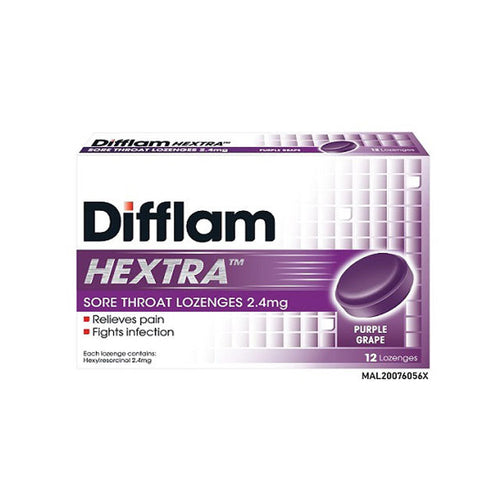 Difflam Hextra throat lozenges in purple grape flavor, 12 count for sore throat relief
