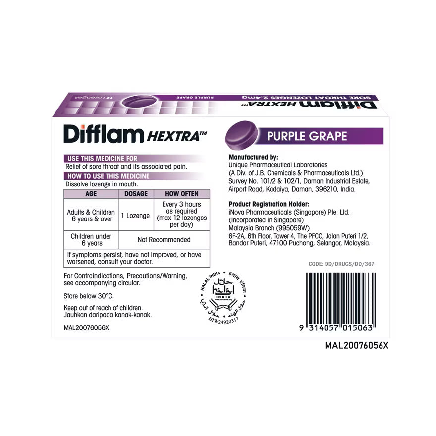 Difflam Hextra throat lozenges in purple grape flavor for relief from throat pain