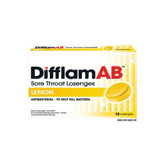 Difflam sore throat lozenges lemon in a pack of 12 with antibacterial properties for soothing throat relief