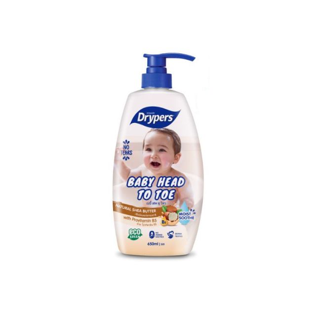 Drypers baby head to toe wash in a pump bottle for gentle cleansing of baby's skin and hair
