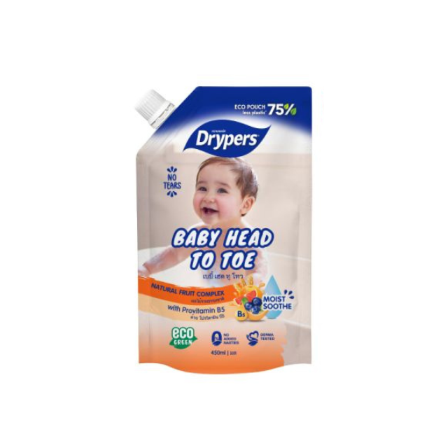Drypers baby head to toe wash in eco-friendly pouch with natural fruit complex for gentle cleansing