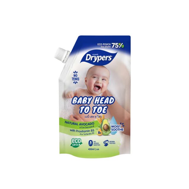 Drypers baby head to toe wash in eco-friendly pouch with natural avocado for gentle cleansing