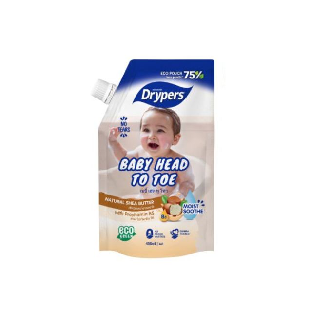 Drypers baby head to toe wash in eco-friendly pouch with natural shea butter for gentle cleansing