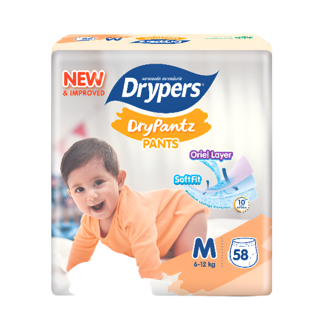Drypers Drypantz M 58 diapers in packaging featuring a smiling baby for comfort and protection