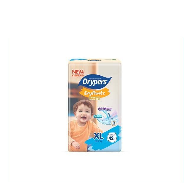 Drypers Drypantz XL 42 diapers in a package featuring a happy baby on the front