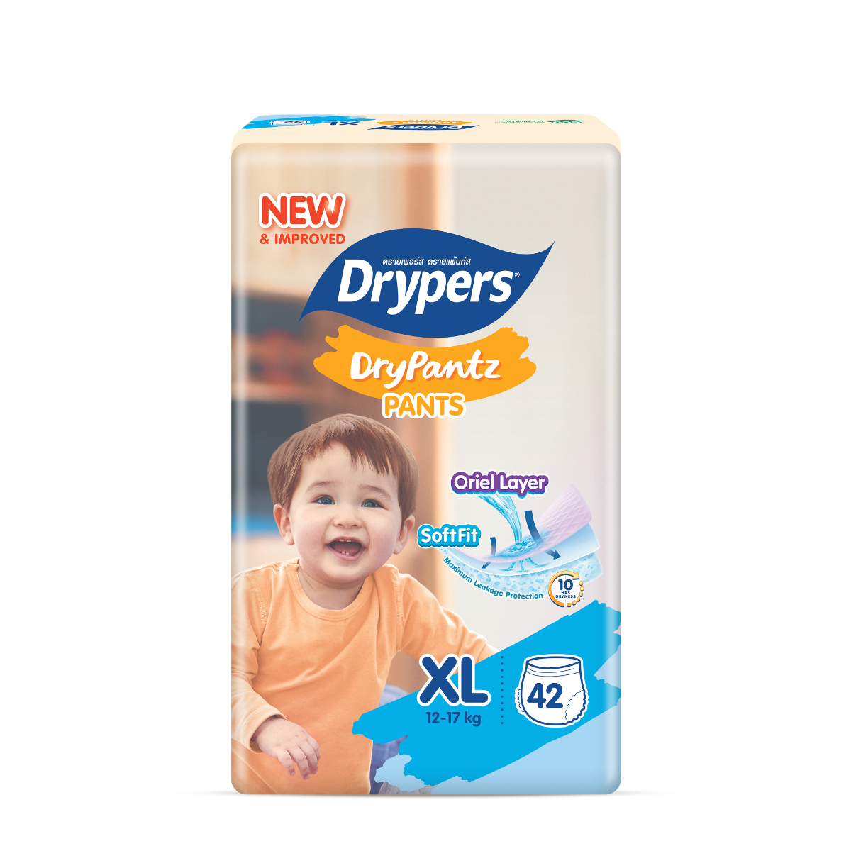 Pack of Drypers Drypantz XL diapers featuring soft fabric and leak protection for infants weighing 12-17 kg