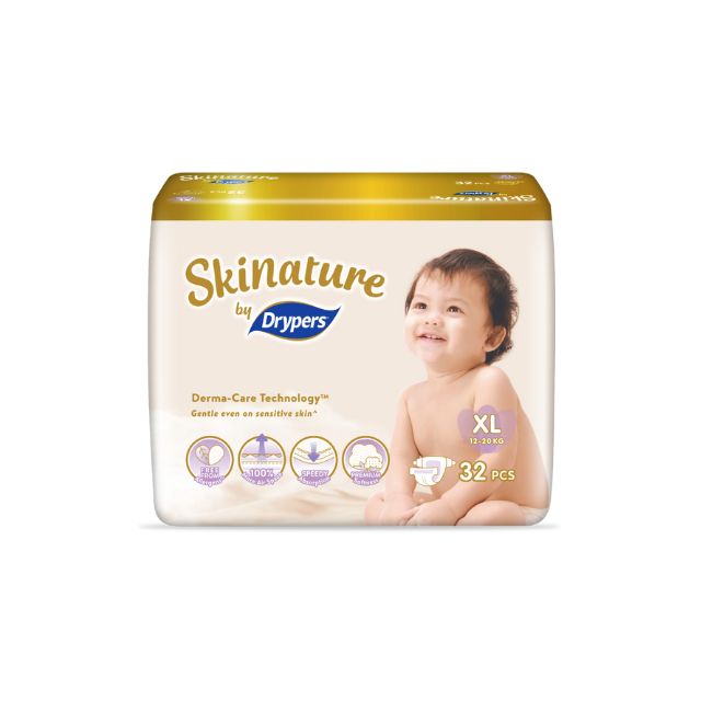 Skinature by Drypers XL diapers with 32 pieces, featuring Derma-Care Technology for sensitive skin