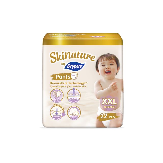 Skinature Pants by Drypers XXL pack featuring 22 pieces, designed for sensitive skin with Derma-Care Technology