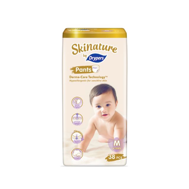 Drypers Skinature pants M size, featuring Derma-Care Technology for sensitive skin, with 38 pieces in the pack