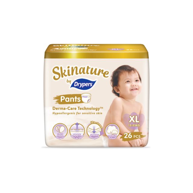 Drypers Skinature XL diapers with Derma-Care Technology for sensitive skin, pack contains 26 pieces