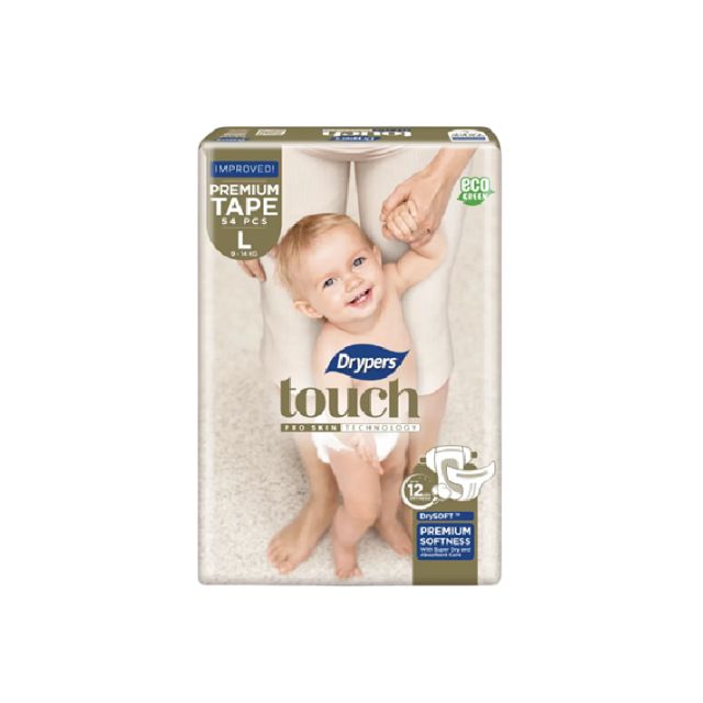 Drypers Touch Mega L diapers with premium softness for babies, featuring eco-friendly packaging